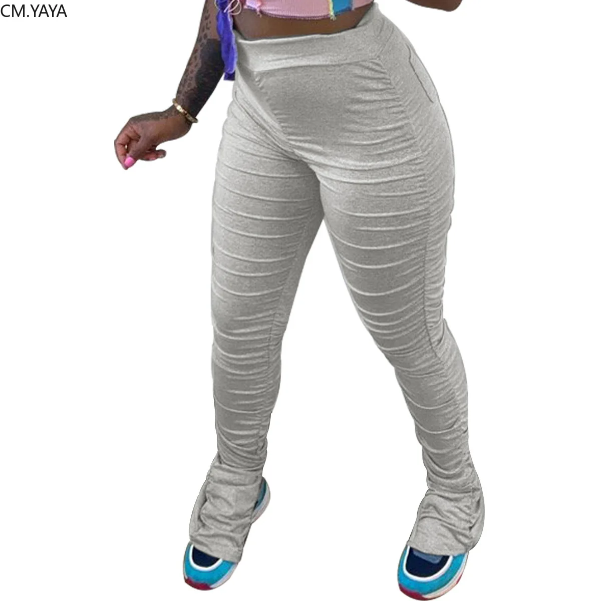 CM.YAYA Streetwear Stacked Women Wide Leg Flare Pants High Waist Slit Bell-bottoms Ruched Trousers Draped Jogger Sweatpants | Женская