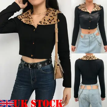 

UK Women Crop Top Jacket Coat Leopard Collar Casual Long Sleeve Cardigan Outwear