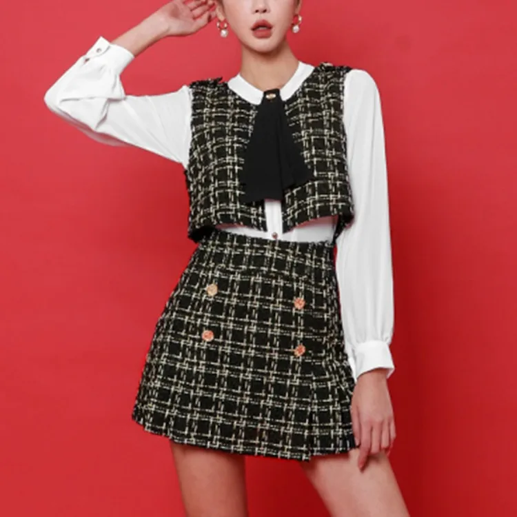 

Two-Piece 2019 New Style Debutante Popular Waistcoat Shirt High-waisted Retro A- line Skirt Graceful Set
