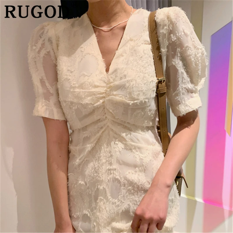 RUGOD корейское женское платье ins с пышными рукавами, модное платье с v-образным вырезом и коротким рукавом на весну-лето, Платья для вечеринок, элегантные длинные платья с оборками
