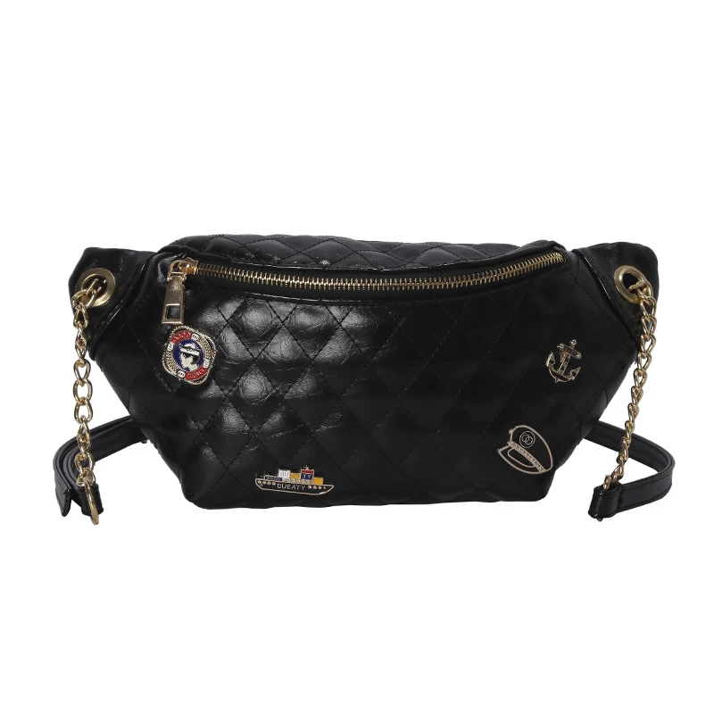 Black Waist pack Женская полиуретановая сумка на пояс, поясная сумка, модные нагрудные сумки, роскошная цепочка, Сумка с бананом, многофункциональная Женская поясная сумка через плечо - Цвет: Black Waist pack