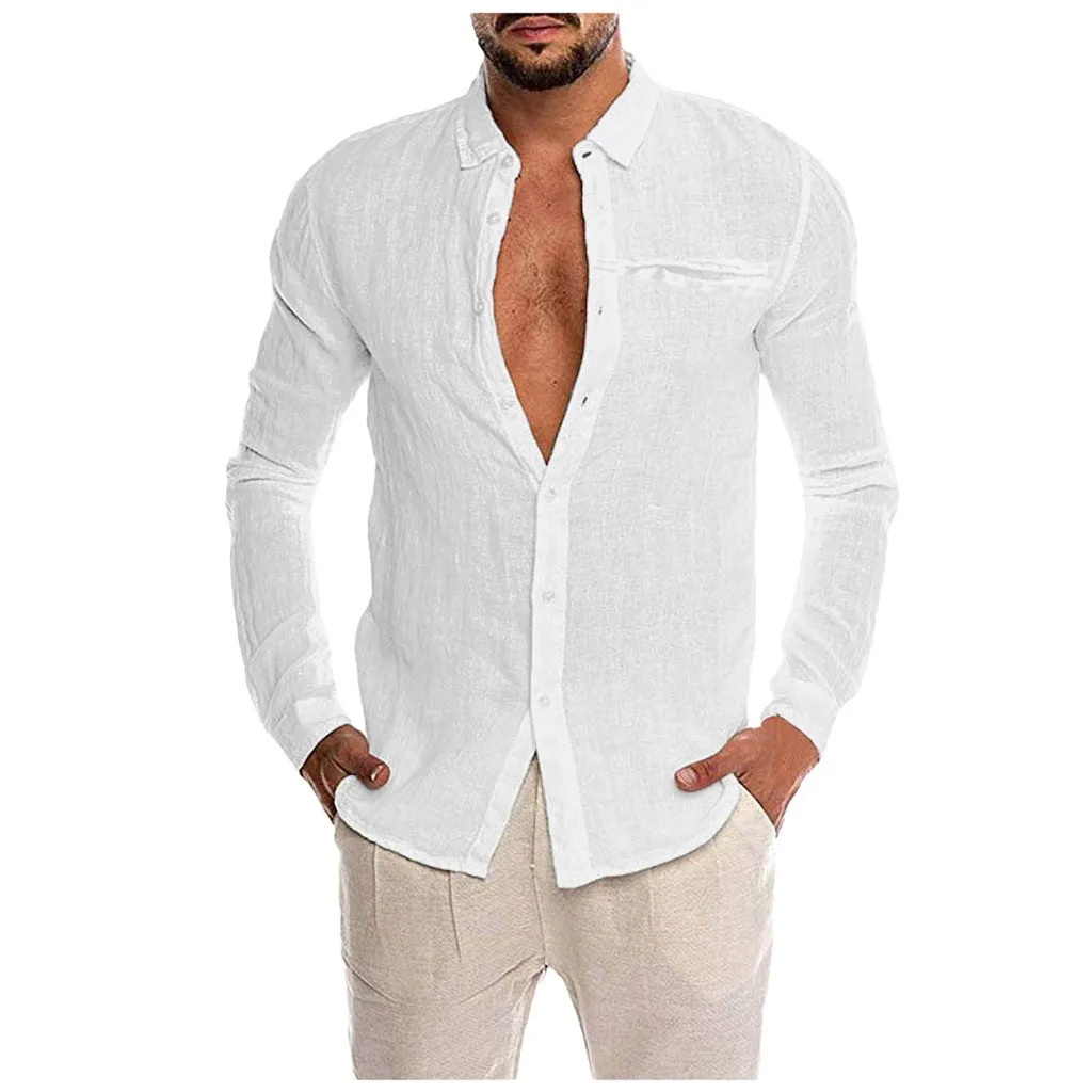 Feitong Повседневная рубашка мужская Свободная с хлопком, плотный черно-белые пуговицы карман с длинным рукавом рубашка Топы Блузки - Цвет: Белый