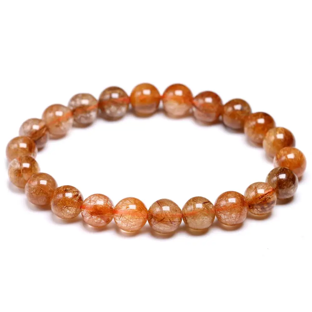 AAA Natural Red Copper Rutilated Quartz Bracelet Smooth Round Beaded Bracelets Women Men Gem Fine Jewelry