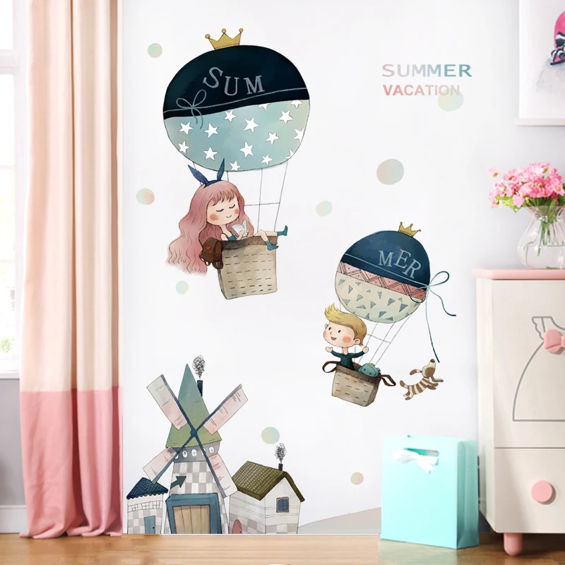 Милые Мультяшные воздушные шары для девочек, ветряная мельница, наклейки на стену, наклейки для детской комнаты, детского сада, декоративные наклейки на стену