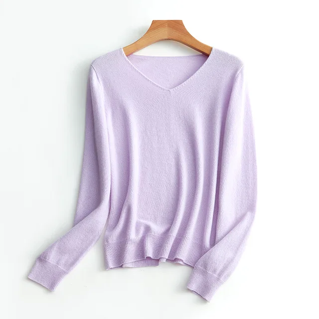 SuyaDream Women Sweaters High Quality 100%Cashmere Basic V neck Pullovers 2021 Fall Winter Simple Chic Knit Wear Lavender