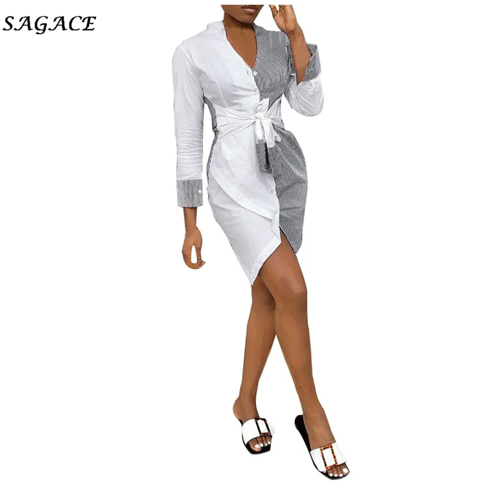  Sagace T-shirts Women Solid Patchwork Long Stitching Shirt Casual Long-Sleeve Loose Tops Loose Casu