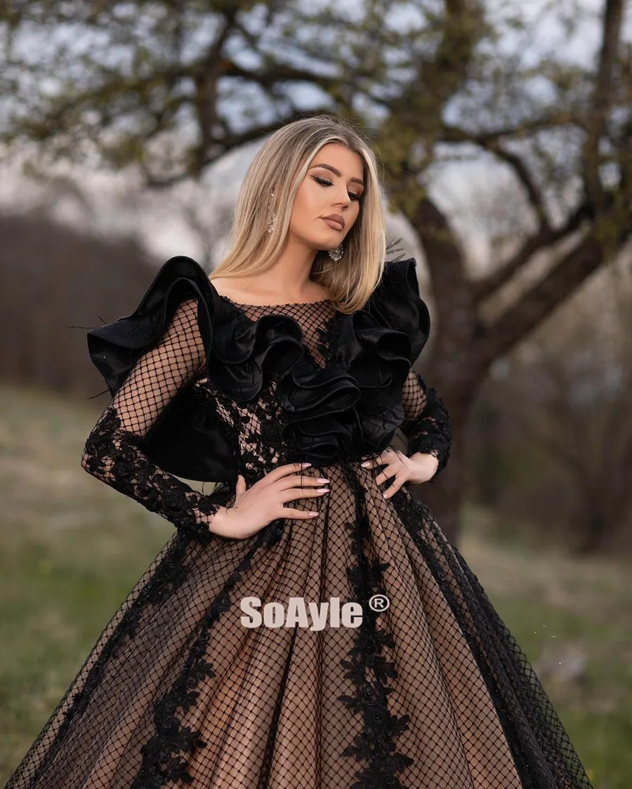 SoAyle, вечерние платья, бальное платье, длинное, с оборками, с аппликацией, кружевное, вечернее платье для женщин, прозрачное, с длинным рукавом, Robe De Soire