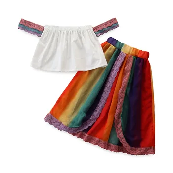 

2-7Y Toddler Baby Kid Girl Clothes Set Boho off shoulder T shirt Rainbow Skirts Outfits Summer Children Beach Holiday Costumes