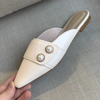 

INS HOT Women slippers Leather shoes 22-25 cm ladies shoes Heel 1cm high 7.5cm width sheepskin pearl decorative half slippers