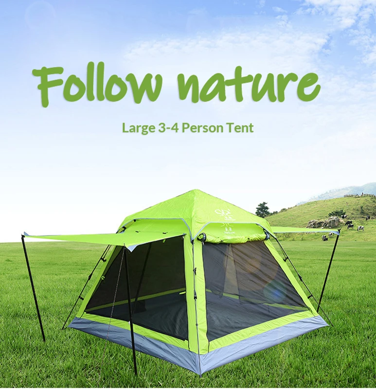 Automatic Large 4 Person Pop Up Camping Tent Big Corners Square Top Instant Sunscreen Single Layer Double Door Window Tents | Спорт и