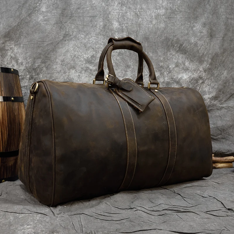 60cm Vintage Mens Real Leather Travel Weekender Overnight Travelling Handbag For 3 days Business