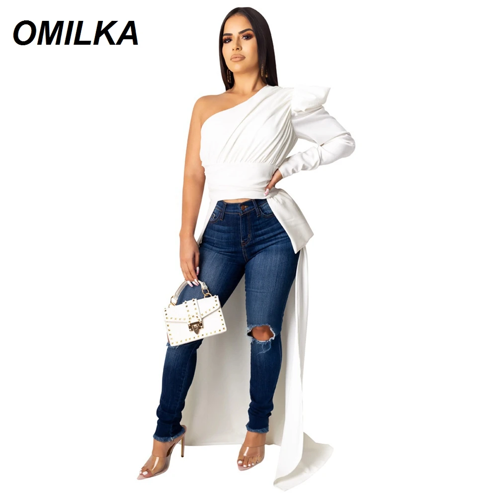 OMILKA, на одно плечо, Hi Low, футболка, осень, женская, длинный рукав, с рюшами, спереди, короткая, сзади, длинная, OL, для работы, Элегантная футболка, топы, футболки