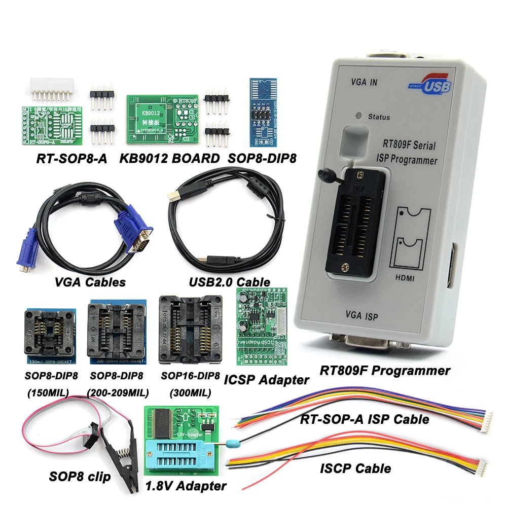 Free Shipping RT809F Serial ISP Programmer with 11 adapters +1.8v adapter+SOP8 test clip Best Quality |