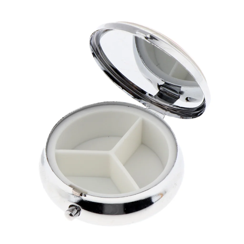 Round Floral Pill Storage Case Travel Portable Box for Makeup Eyeshadow Blusher Nail Art Glitters with 3 Compartments