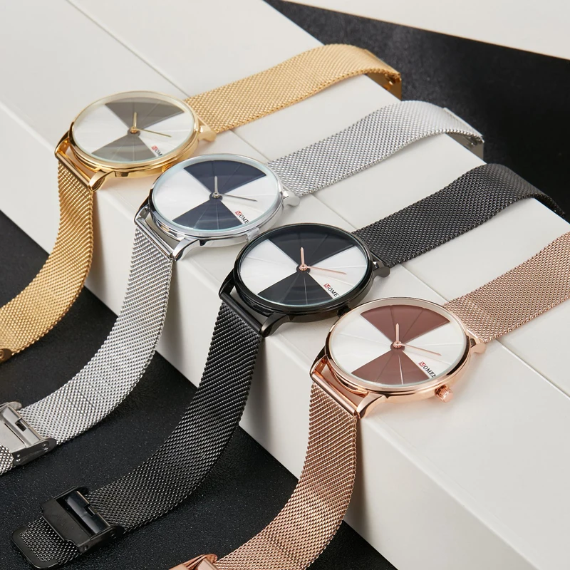 Full Steel Colorblock Unique Quartz Watch Women Fashion Mesh Belt Black Gold Silver Male Drop Shipping Palette Watch Dial