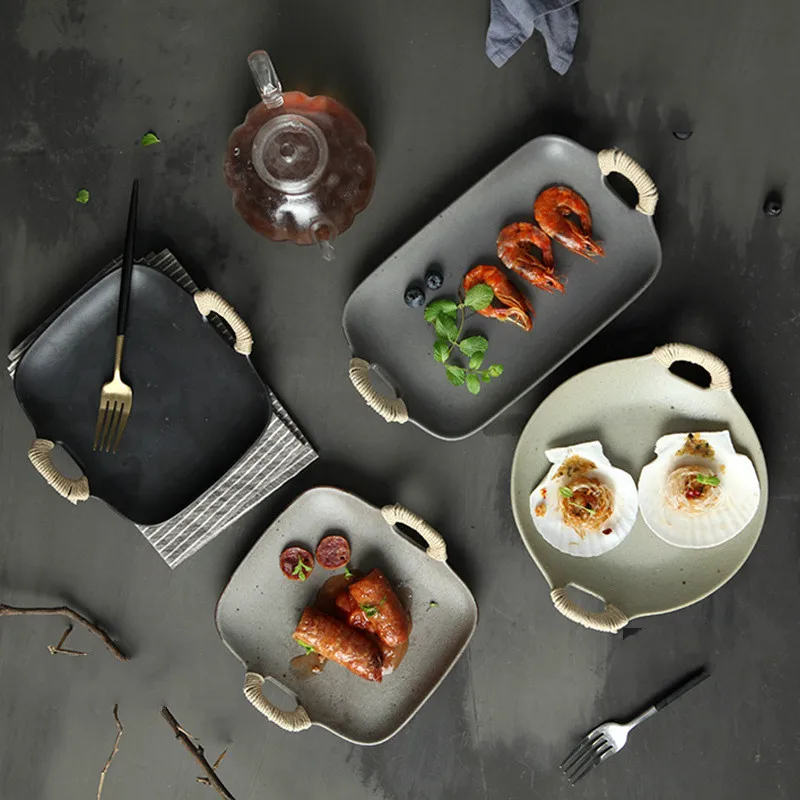 FANTERCY Cuisine Fruit Plate Sushi Plate Binaural Twine Various Shapes Ceramic Plate Matte Color Glaze Creative Baking Tray