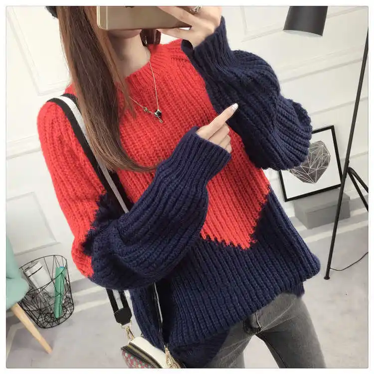 PEONFLY Мода модного цвета, в стиле пэчворк осень зима женский свитер с круглым вырезом вязаный джемпер Топ Свободный Повседневный теплый женский свитер