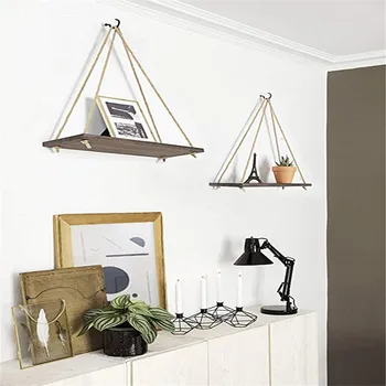 

Premium Wood Swing Hanging Rope Wall Mounted Shelves Plant Flower Pot Rack indoor outdoor decoration simple design Plant Flower