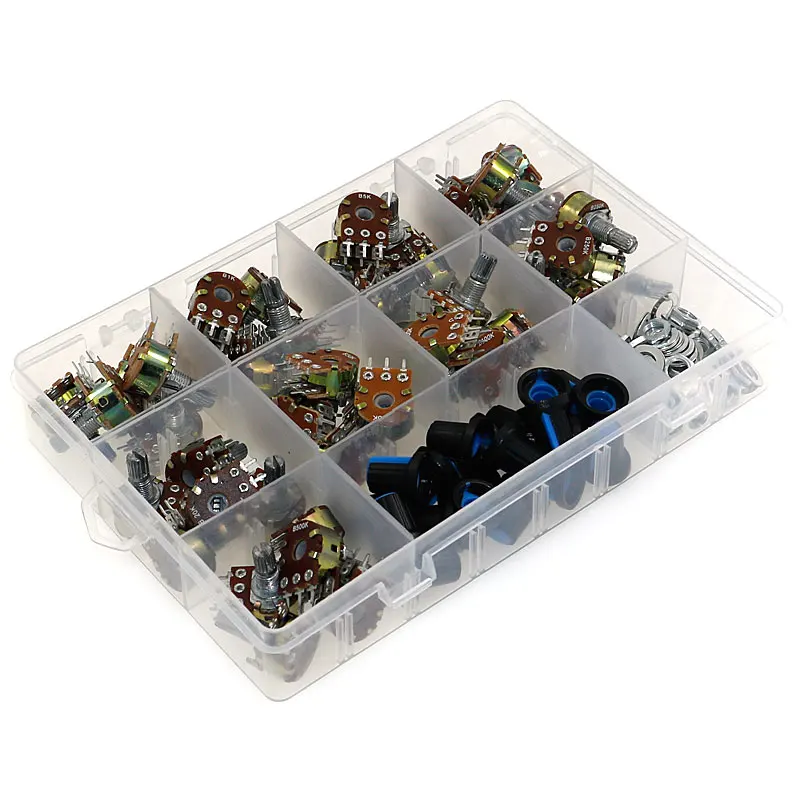 45pcs WH148 Potentiometer Kit B1K B5K B10K 20K 50K 100K 250K 500K 1M 15mm Shaft Amplifier Dual Stereo Set 6pin With Cap switch