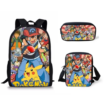 

Fashion 3PCs/Set Children's Backpack Pokemon Prints Pattern School Bags Set Cartoon Pikachu Design Tennagers Book Bags