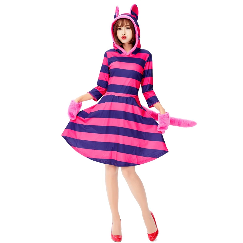 Women Purple Cheshire Cat Costume For Halloween Outfit Clothes Alice In Wonderland Cosplay
