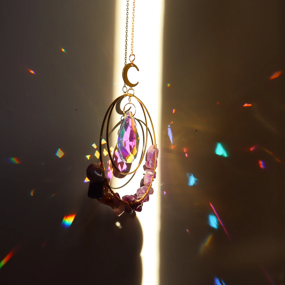 Crystal Moon Sun Catcher Wind Chimes Diamond Prisms Pendant Dream Catcher Rainbow Chaser Hanging Drop Home Garden Decor Gift 2