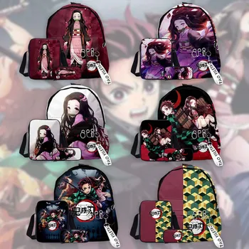 

3D Anime Demon Slayer Printed Backpack + Messenger Bag + Pen Bag Set Student School Bag Bookbag Adult Travel Trip Shoulder Bag