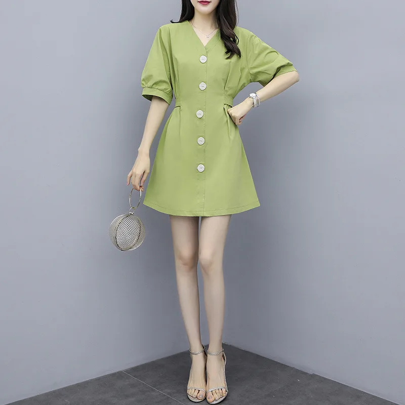 

Avocado Green Dress 2019 Summer New Style WOMEN'S Dress Short-height Short Korean-style Slimming Hipster Skirt Fashion