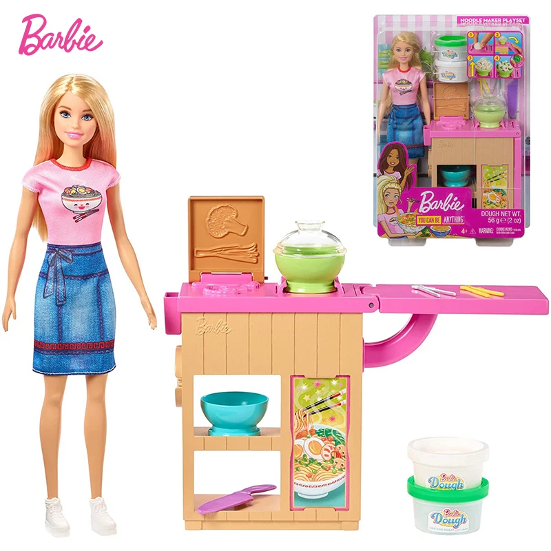 

Barbie Noodle Bar Playset Blonde Doll 2 White Green Dough Containers 2 Bowls Play Knife 2 Pairs of Chopsticks Girl Toy Gift