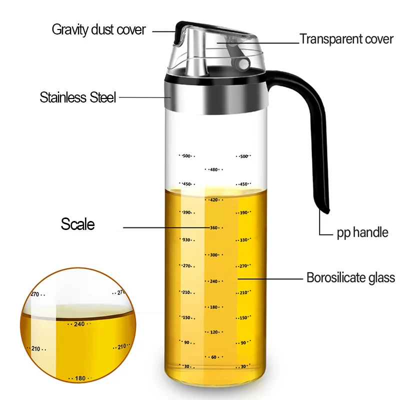 Large Olive Oil Dispenser Bottle Auto Flip Condiment Container Automatic Cap and Leakproof Vinegar Glass Cruet