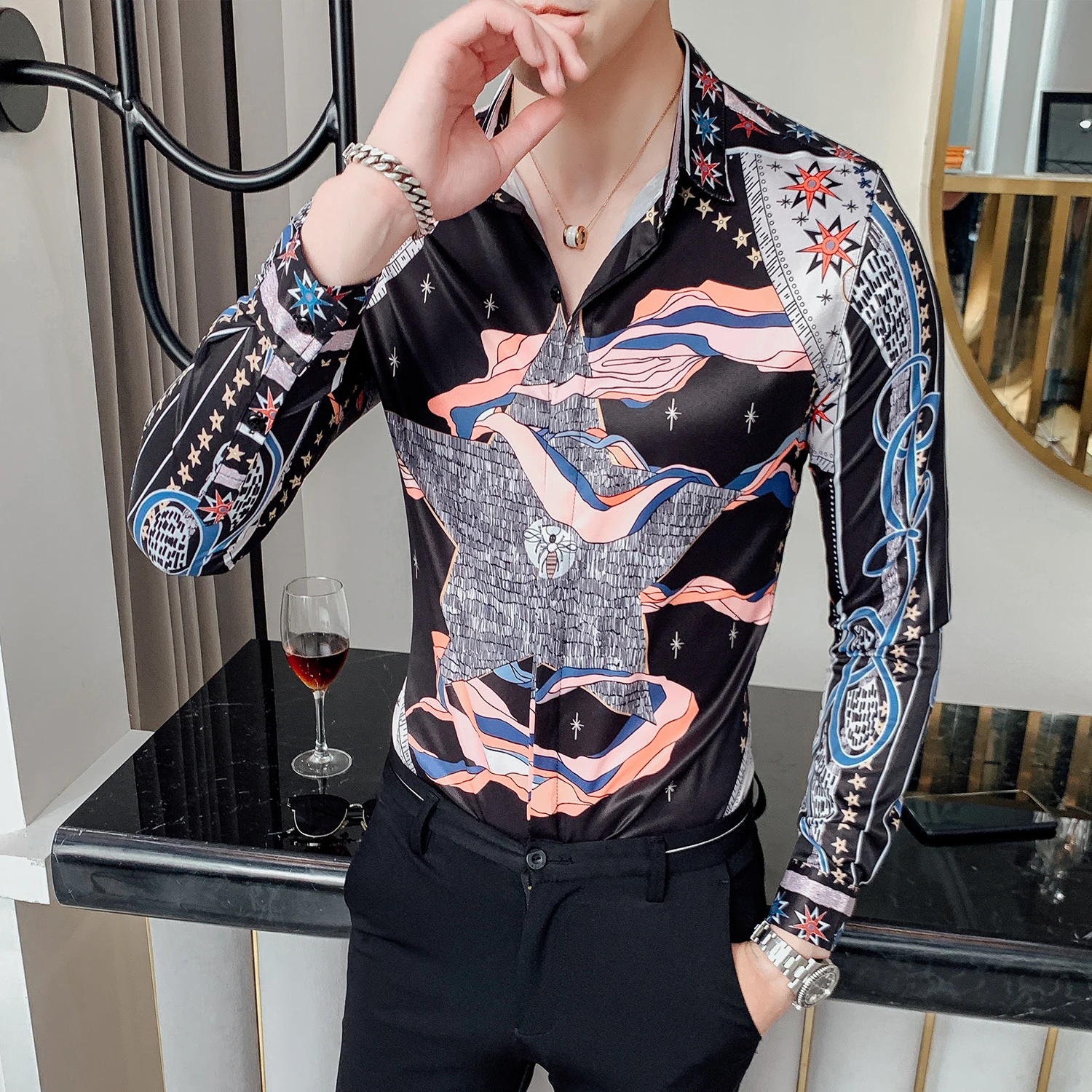 Повседневная рубашка Slim Fit Мужская рубашка платье Вечерние смокинги Camiseta Masculina Корейская мужская одежда рубашка Мужская Уличная мода с принтом для мужчин s