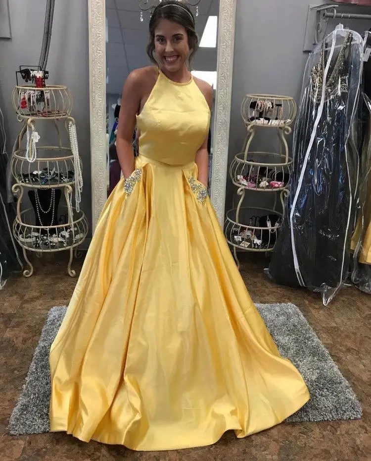 Желтый 2 шт. платье для выпускного вечера 2018 вечернее платье с открытой спиной Вечеринка платье с бусинами карман халат de soiree
