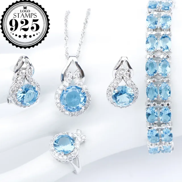 Conjunto de joyas de plata 925 con colgante de circón azul para mujer, juego de anillos, Clips, joyería, caja de regalo