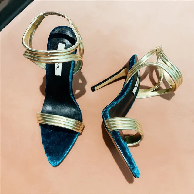 Free shipping fashion blue velvet gold Buckle wrap strappy high heels sandals shoes 10cm 5