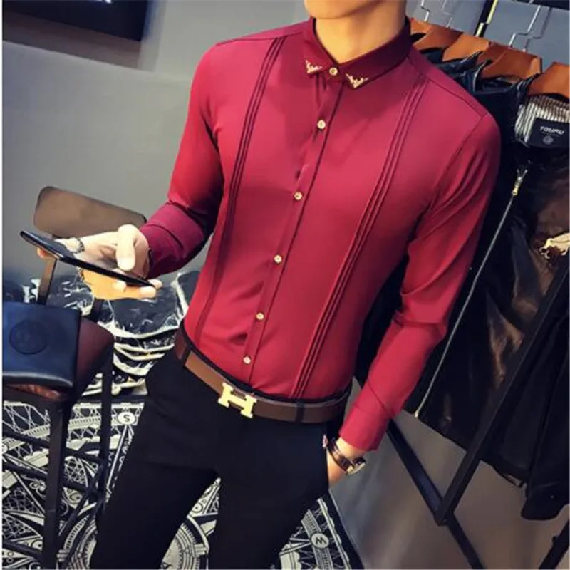 Camisa Masculina осень мужской смокинг рубашки с длинным рукавом Slim Fit деловые повседневные рубашки мужские модные однотонные вечерние рубашки мужские