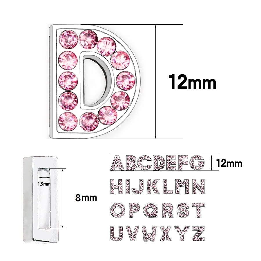 A-Z 8mm Pink Full Rhinestone Slide Letters For Bracelet Making Alphabet DIY Wristband Pet Collar Keychain Jewelry Women Gift 1pc letter bead jewelry