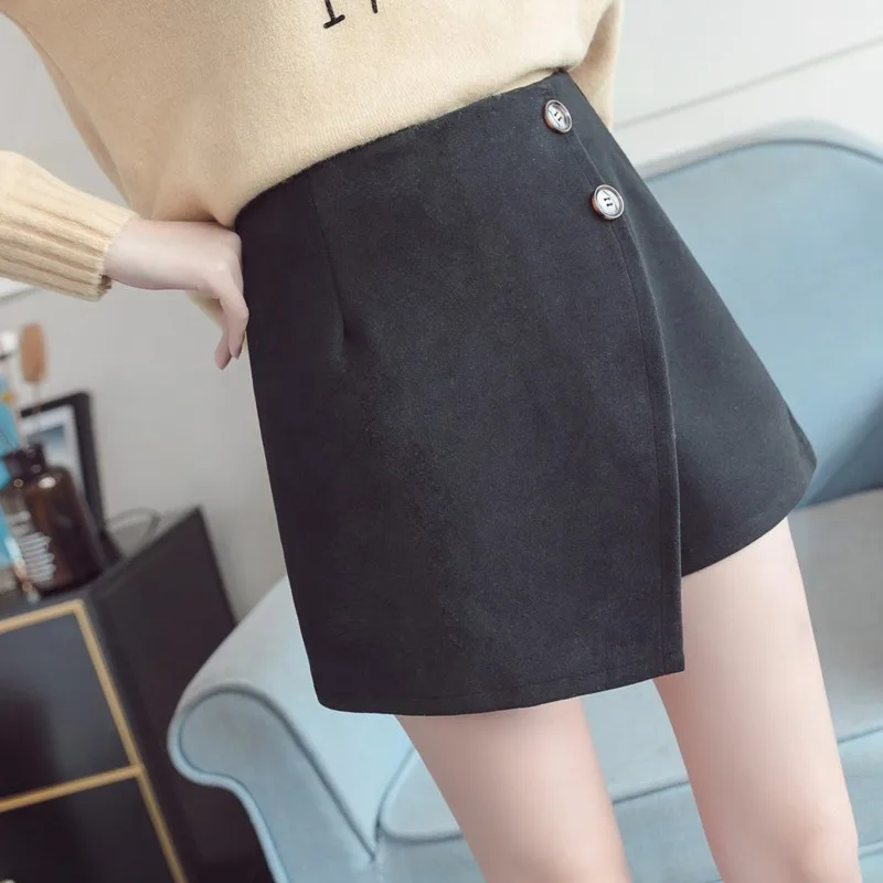 

Black/Grey Autumn Pregnant Women Abdominal Skirts Wide-Legged Cross Irregular Empire Skorts Maternity High Waist Woolen Skirts