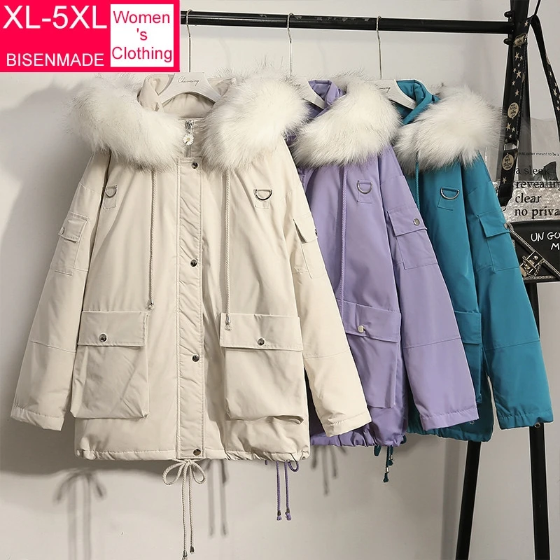 

Oversize Women Parka Winter Down Cotton Coat Safari Style Large Fur Collar Padded Jacket Classic Hooded Windproof Warm Outerwear