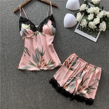 

Sexy lace Pajama suit summer simulation silk suspender shorts two piece set women's Japanese silk printed pajamas