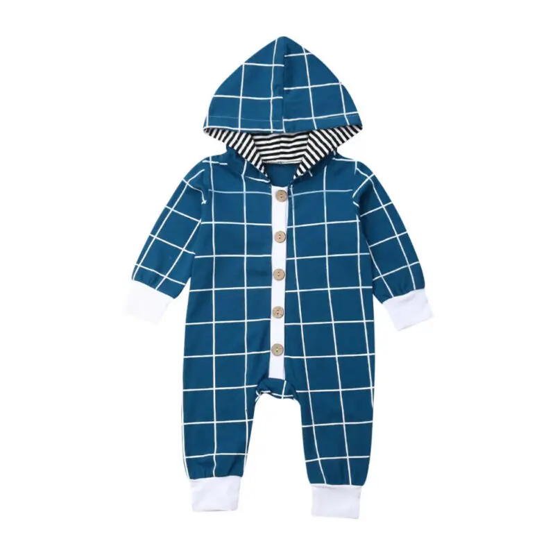 Newborn Baby Boys 0-18M Clothes Long Sleeve Hooded Romper Jumpsuit One-Pieces Outfits - Цвет: Синий