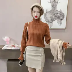 2019 г. Весенняя одежда Новый Стильный пуловер базовый свитер корейский стиль для девочек с высоким воротником и рукавами-фонариками