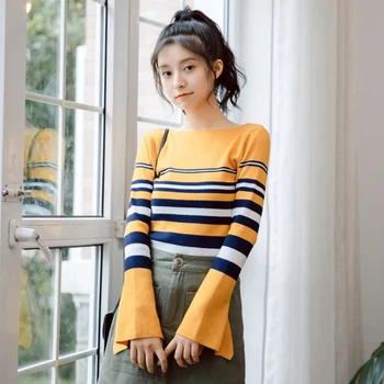 

Women Long Sleeve Striped Sweater Casual Bottoming Pullovers Female Knitting Sweater Top 2019
