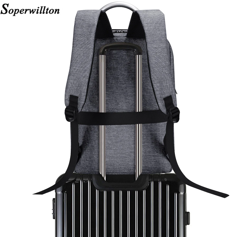 Soperwillton 2019 Brand Laptop Backpack USB Charge Port Men Backpack Top Handle Work Bag 15.6 inch 