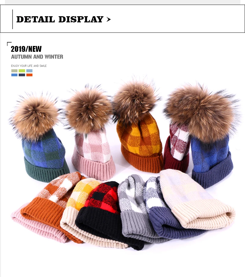 Зимняя шапка с помпоном Skullies Beanie, Классическая клетчатая шапка для мужчин и женщин, теплая вязаная Толстая шапка с меховым помпоном