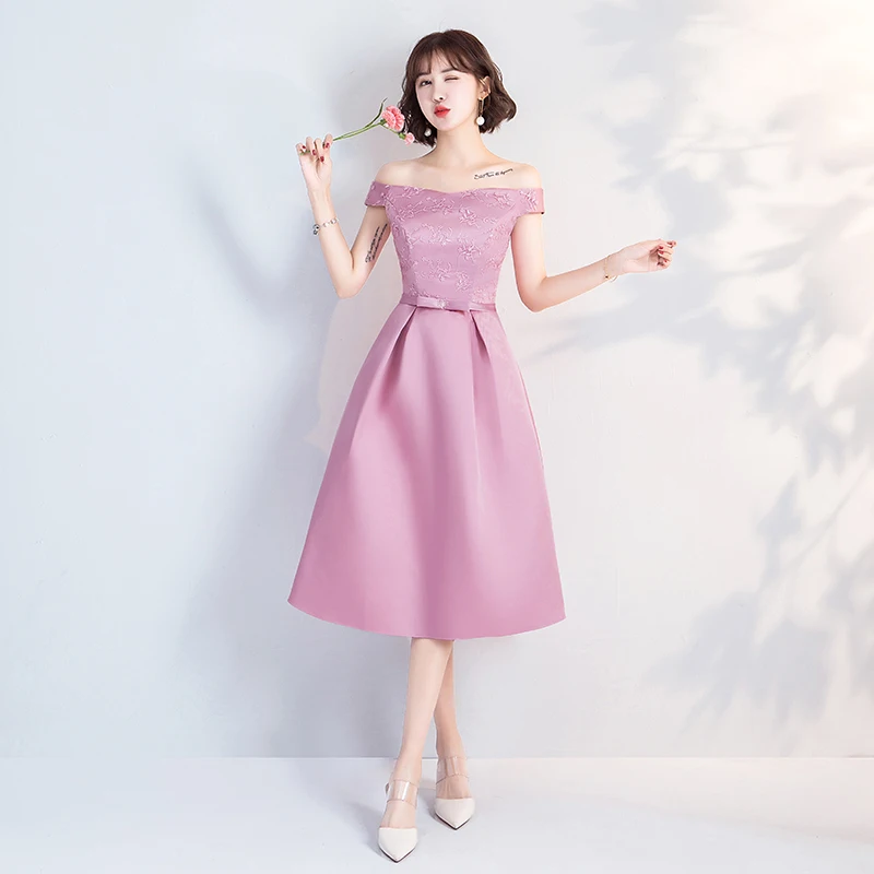 

Tea-Length Long Dress for Wedding Party for Woman Pink Bridesmaid Dress Elegant Wedding Dress Guest Embroidery Off The Shoulder