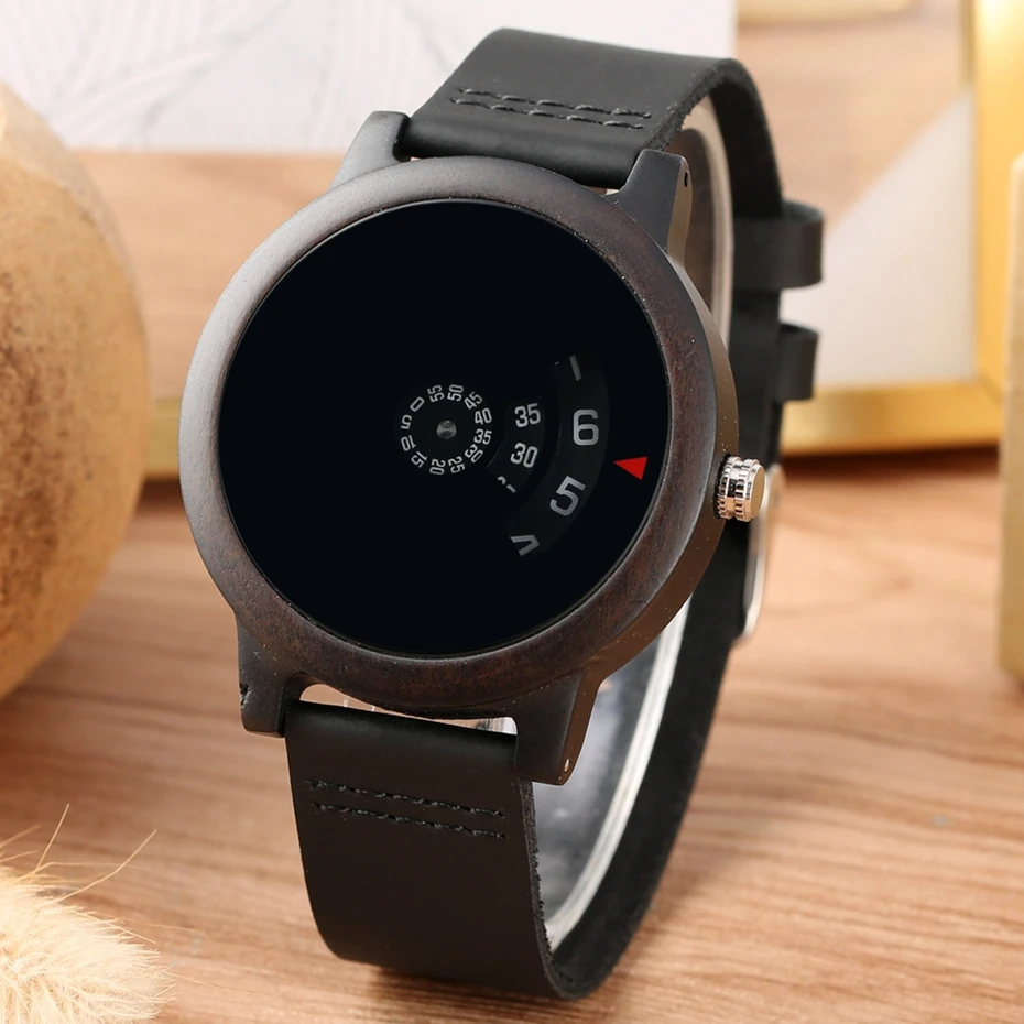 

Turntable Fan-shaped Dial Wood Watch Men's Unique Art Unisex Soft Leather Band Male Wrist Hour Clock for Men Women Luxury reloj