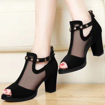 

Women sandals 2020 fashion summer shoes women Square high heels hollow mesh star decoration zipper sandals sandalia feminina