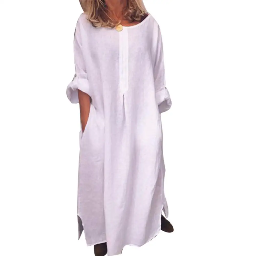 فستان قفطان طويل من القطن ماكسي كبير الحجم بلون وا...