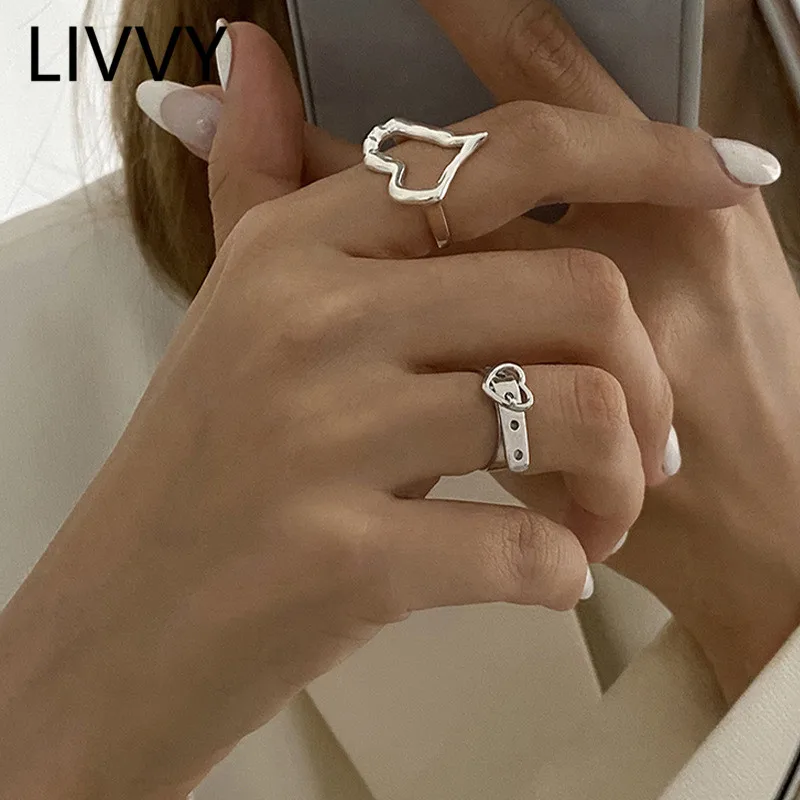 Livvy Kolor Srebrny Love Heart Rings Dla Kobiet Kreatywny Pas Prosty Klamra Trendy Party Biżuteria Akcesoria Prezenty