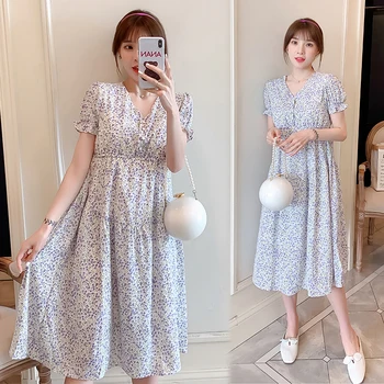 

2040# 3XL Summer Korean Fashion Maternity Dress Button Open for Nursing Clothes for Pregnant Women Floral Print Casual Pregnancy